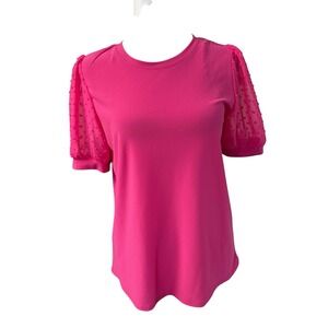 CeCe NWT Bright Pink Blouse. Sheer Puff Sleeves SZ S